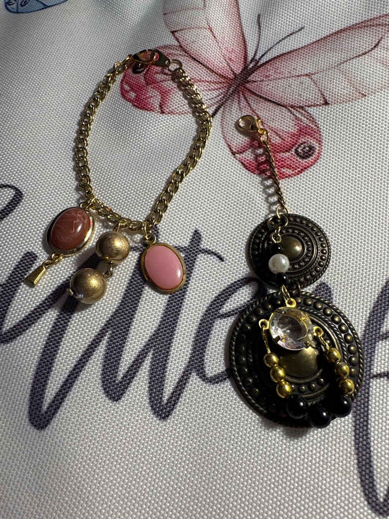 Gold Charm Bracelet With Pink Stone And Bead Accents With Bronze Purse Charm 10$